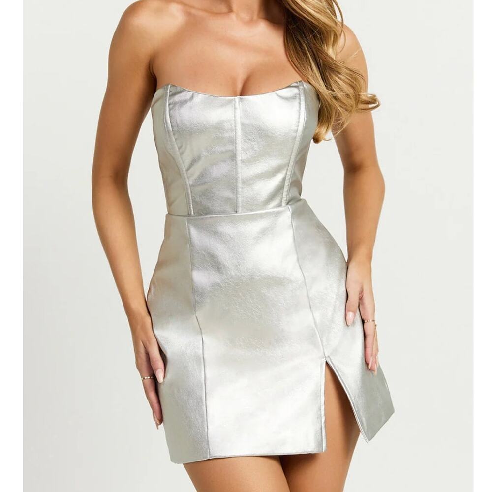 NWT Showpo Cooper Silver Metallic Faux Leather Mini Dress • Glam Party • Size 4
